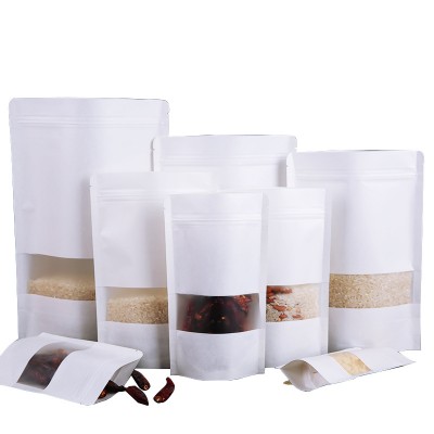 Food Grade Eco Friendly Matte White Kraft Paper Stand Up Zipper Ziplock Packaging Bags With Clear Window Wholesale